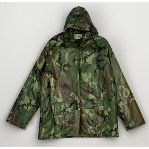 VTG Duck Bay Mens M Camo Rain Jacket Hood Quilted Lined PVC Woodland Camouflage